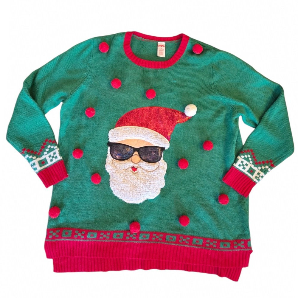 Holiday Time Green Santa Sequin Sunglasses Pom Pom Sweater Plus Size 2X 18W/20W